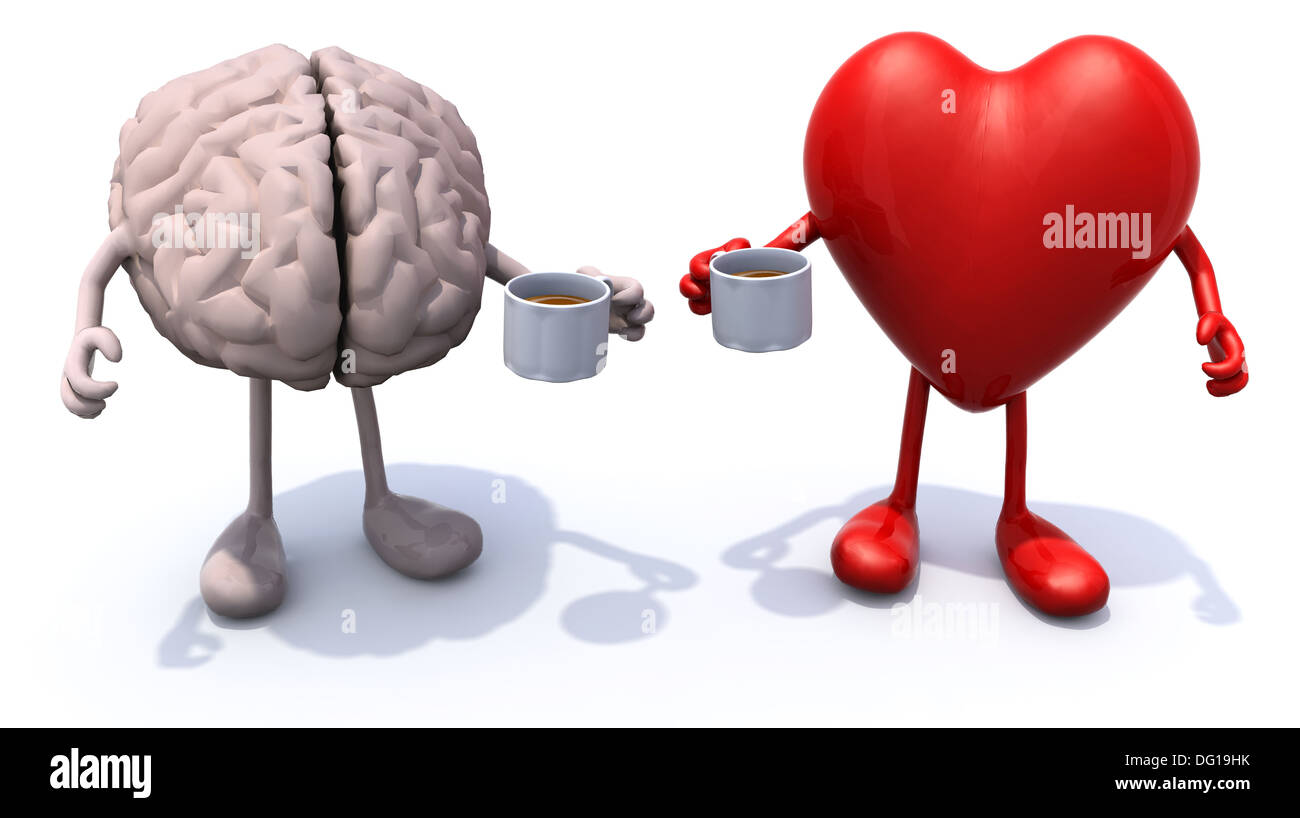 human brain and heart with arms and legs and cup of coffee, 3d