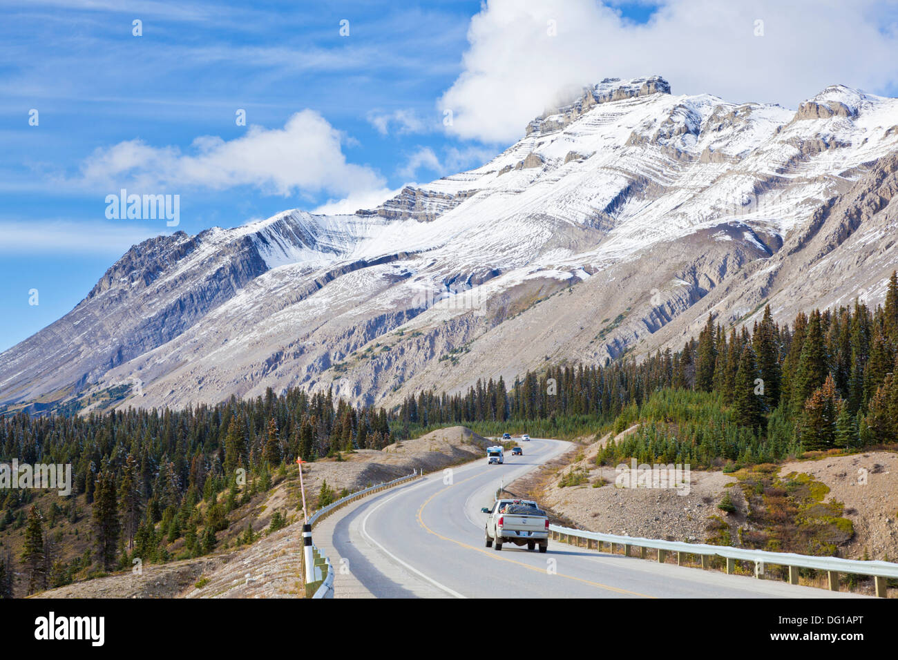 Traffic driving along The Icefields parkway Jasper National park Alberta Canada North America Stock Photo