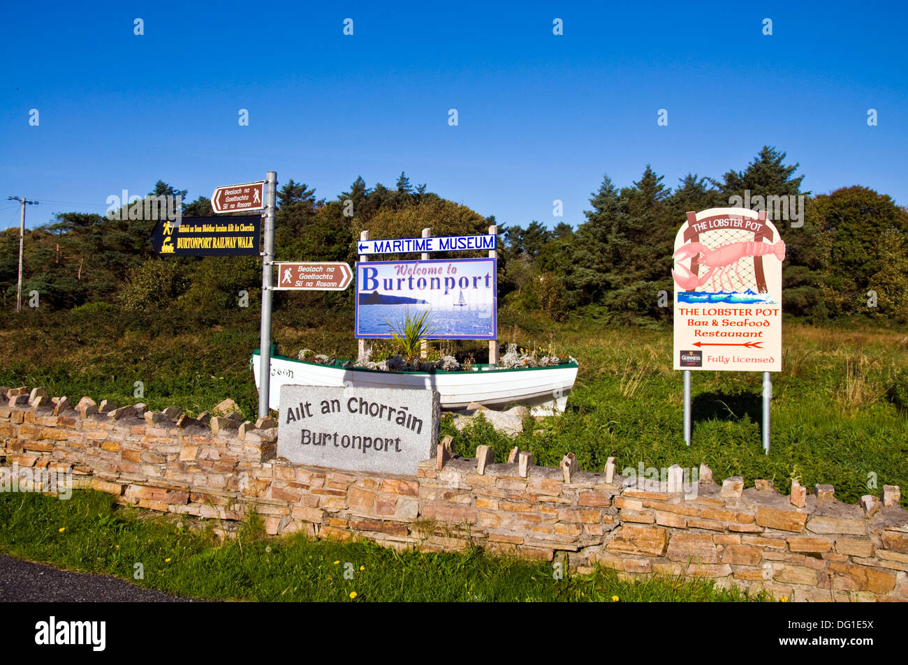 Welcome to Burtonport signs and signage at Burtonport County Donegal Ireland Stock Photo