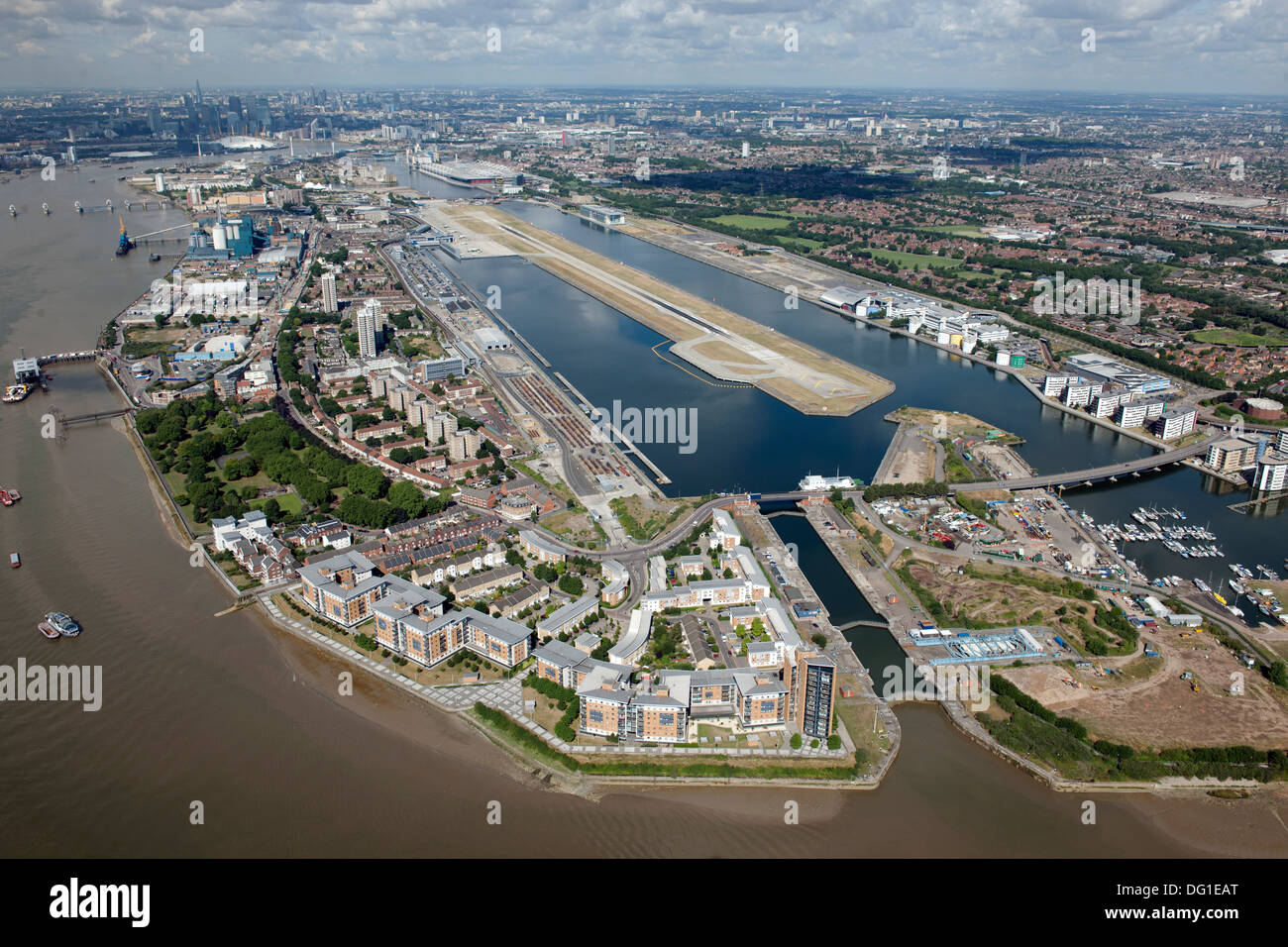 Aerial view of London City Airport. Stock Photo