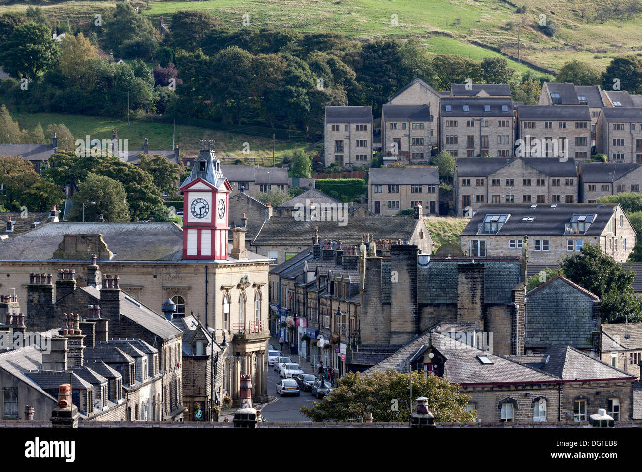 View of the village with the moors in the distance, Marsden, West Yorkshire Stock Photo