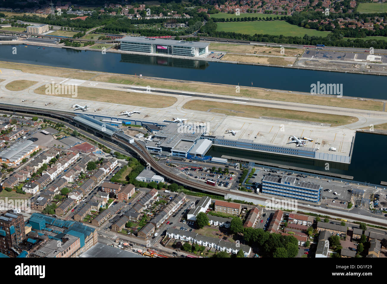 Aerial view of London City Airport. Stock Photo
