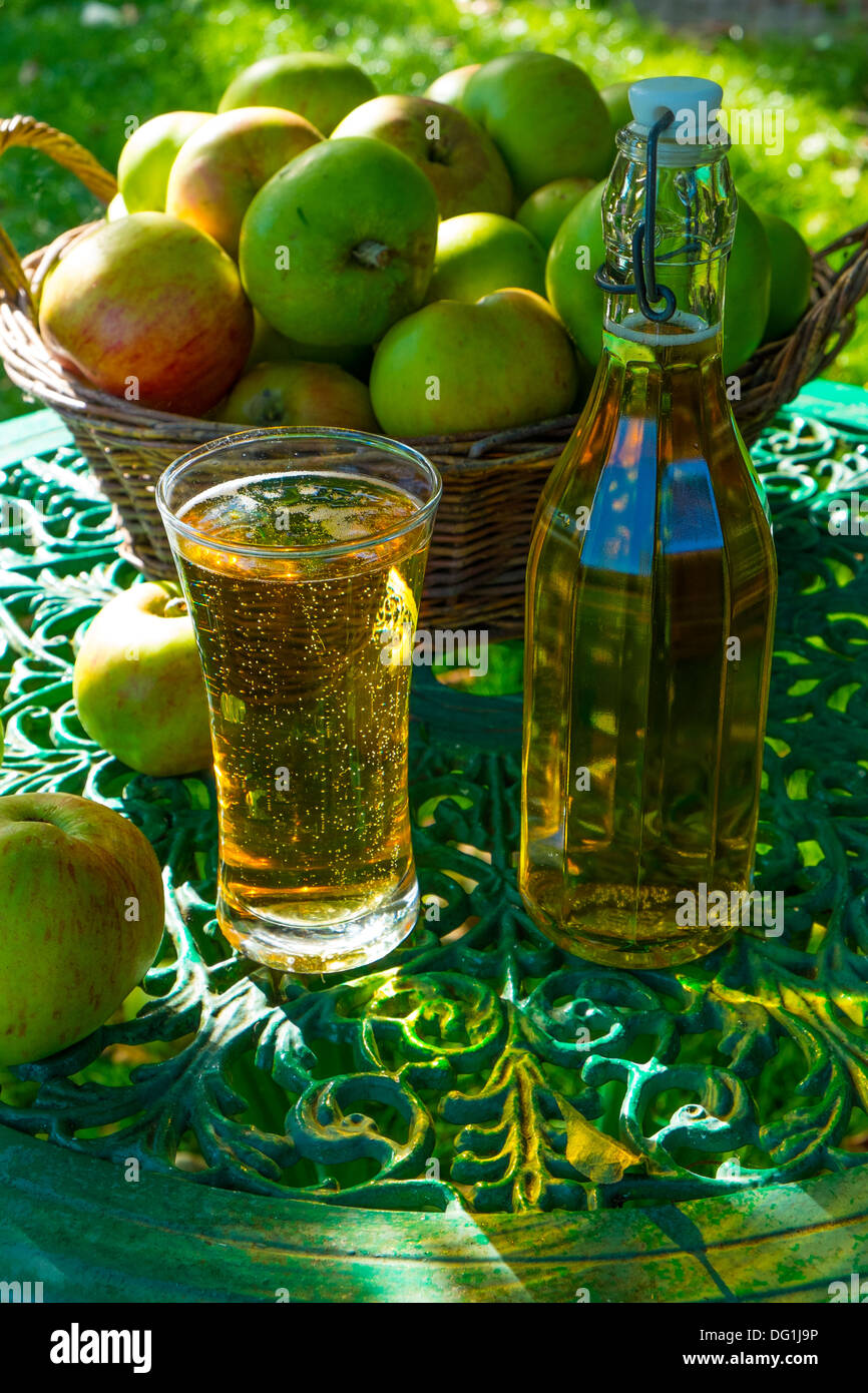 Garden still life with glass of cider, bottle of cider and cider making apples Stock Photo Alamy