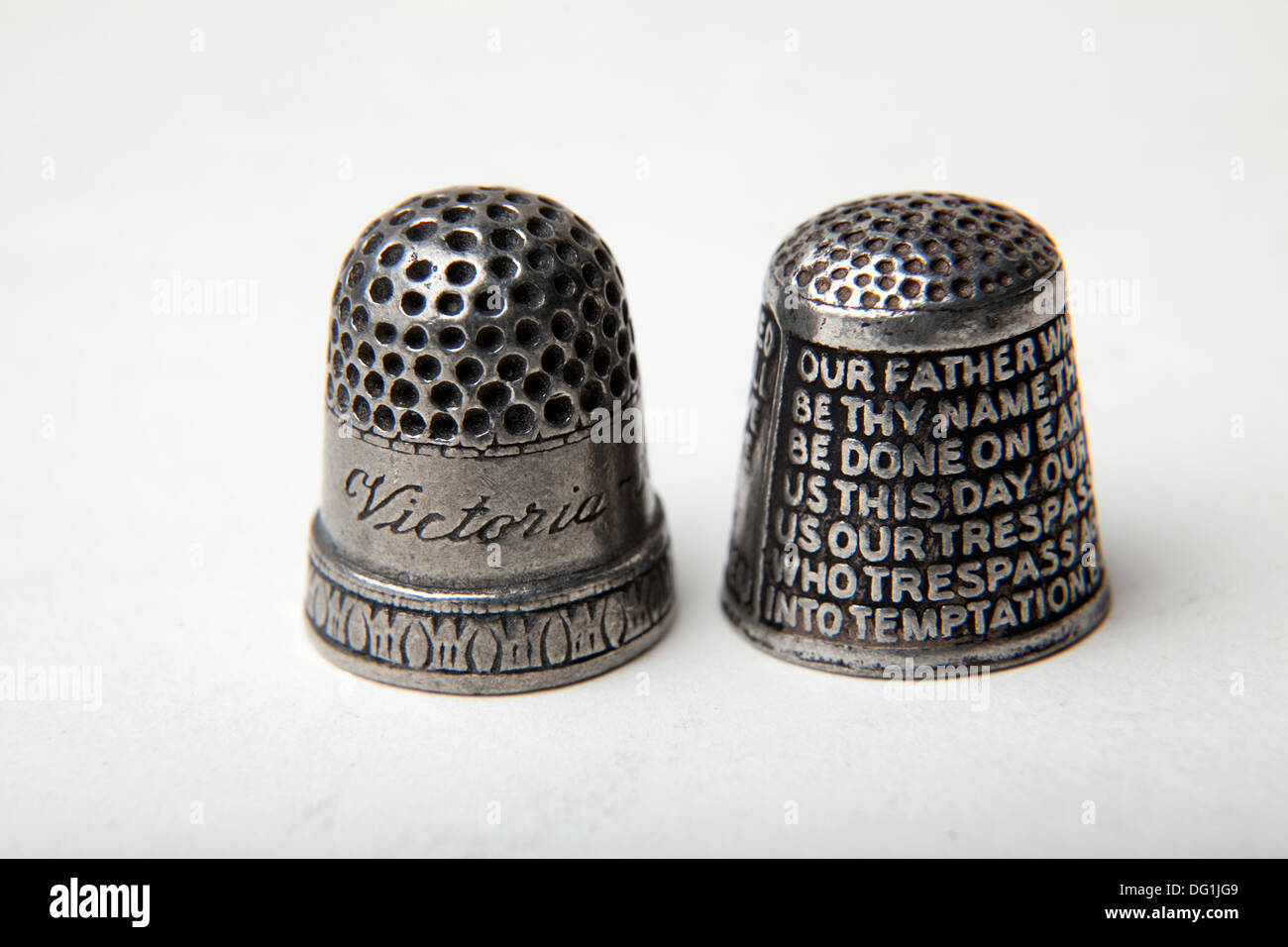 Thimble with the Lord's Prayer on it. Stock Photo