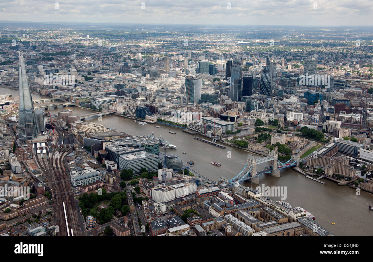 The City of London from the air with Tower Bridge. Stock Photo