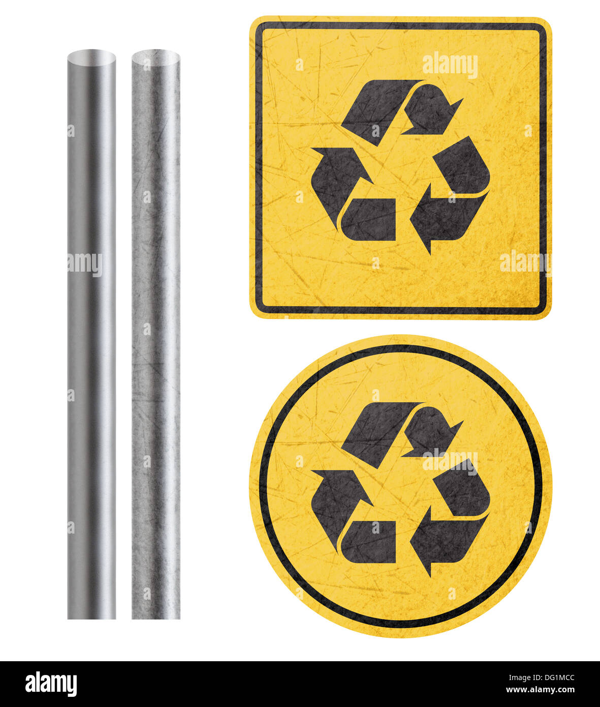 recycle symbol on Yellow Sign with metal bar, isolated in white (with