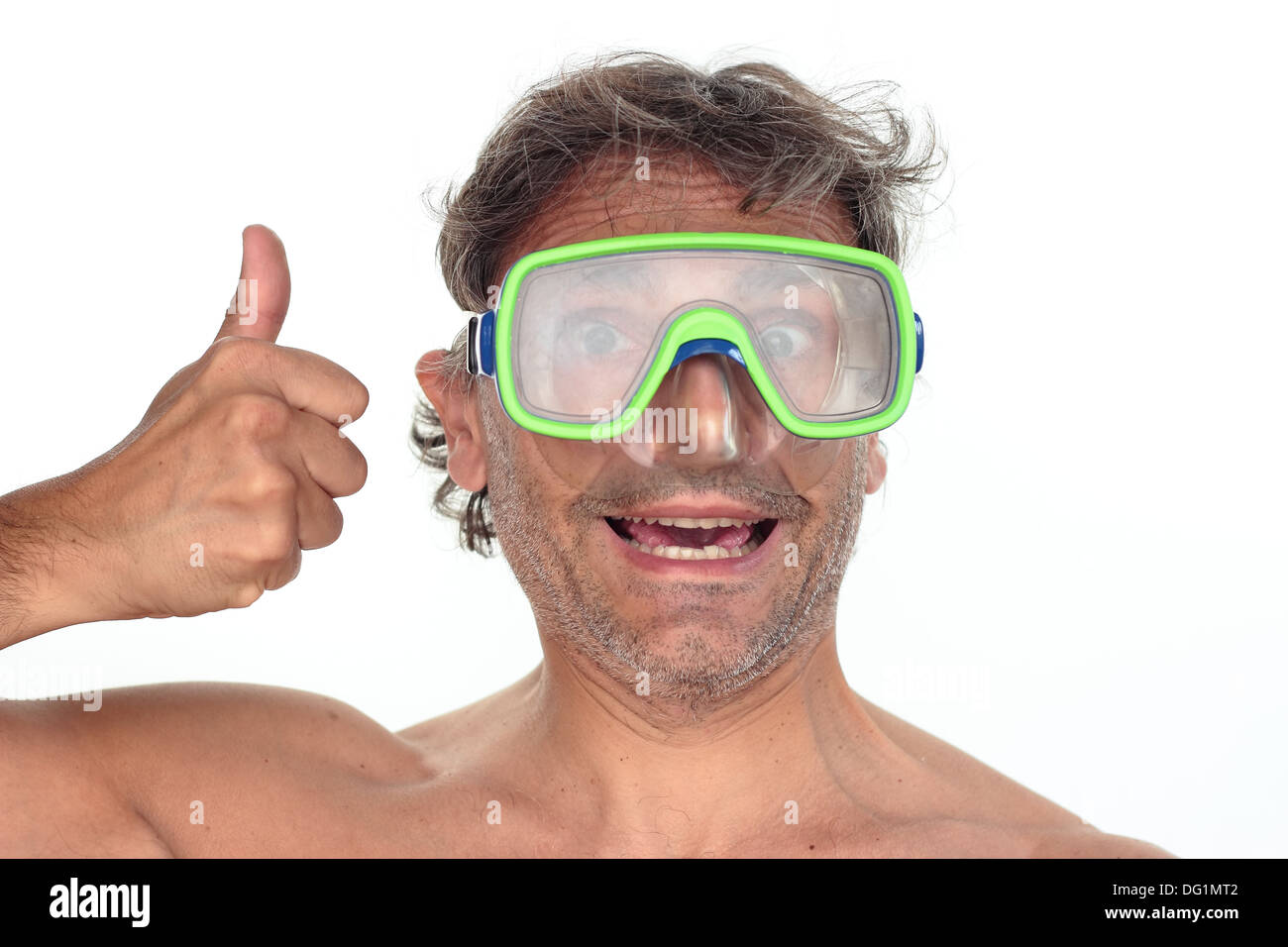 man in goggles doing hand sign 'go up' Stock Photo
