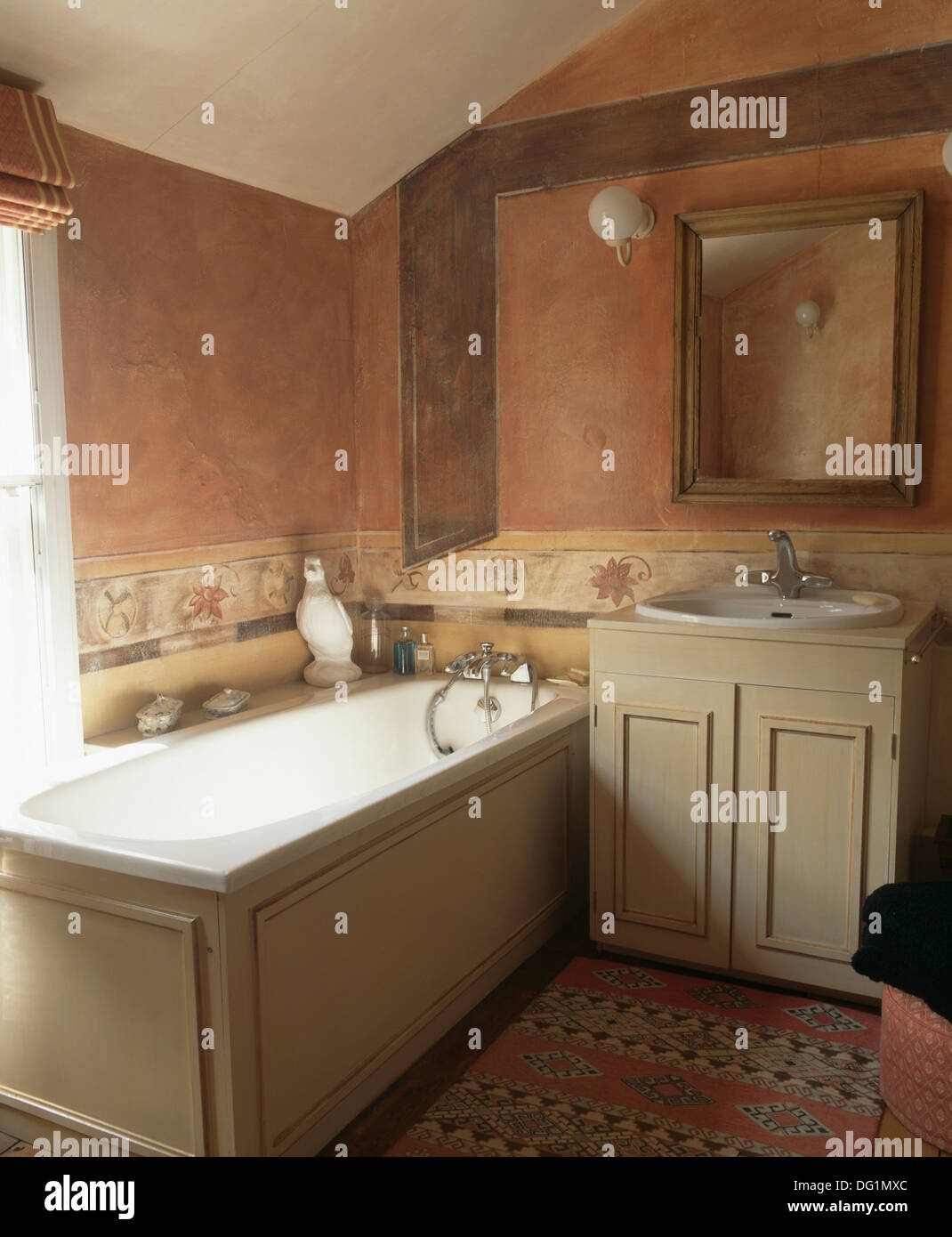 Tuscan Inspired Bathroom With Terracotta Color Washed Walls And