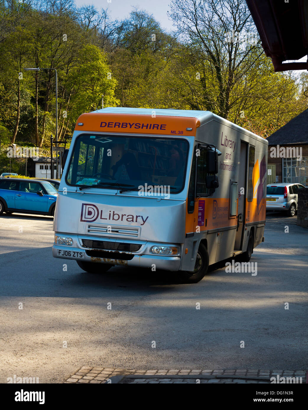 Derbyshire County Council mobile library lorry parked in Cromford village Derbyshire Dales Peak District England UK Stock Photo