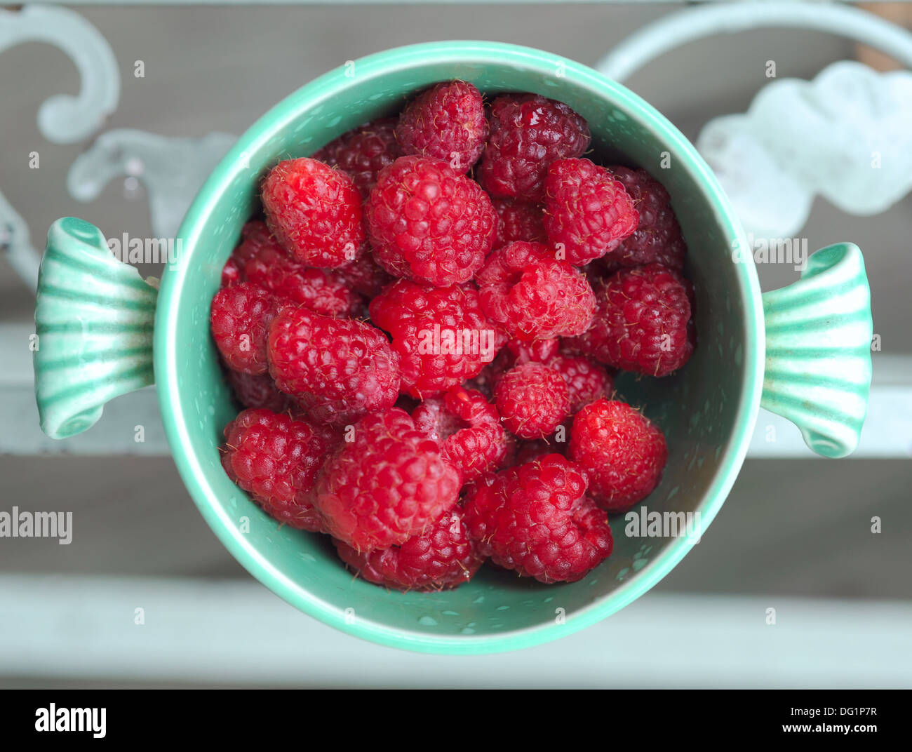 Just picked berries of raspberry in ancient cup lost in garden in the ...