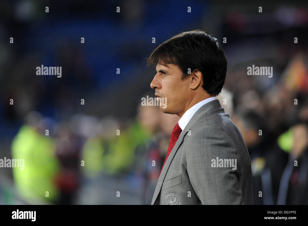 Cardiff, Wales, UK. 11th Oct, 2013. FIFA 2014 World Cup Qualifying Match - Wales v Macedonia at the Cardiff City Stadium : Wales Manager Chris Coleman before kick off. Credit:  Phil Rees/Alamy Live News Stock Photo
