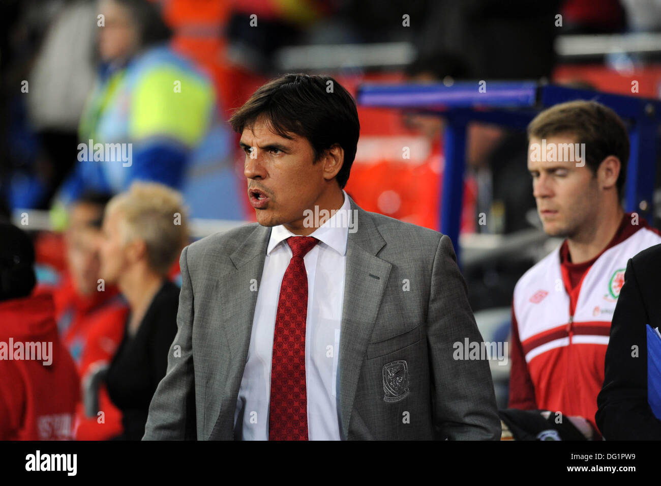 Cardiff, Wales, UK. 11th Oct, 2013. FIFA 2014 World Cup Qualifying Match - Wales v Macedonia at the Cardiff City Stadium : Wales Manager Chris Coleman before kick off. Credit:  Phil Rees/Alamy Live News Stock Photo