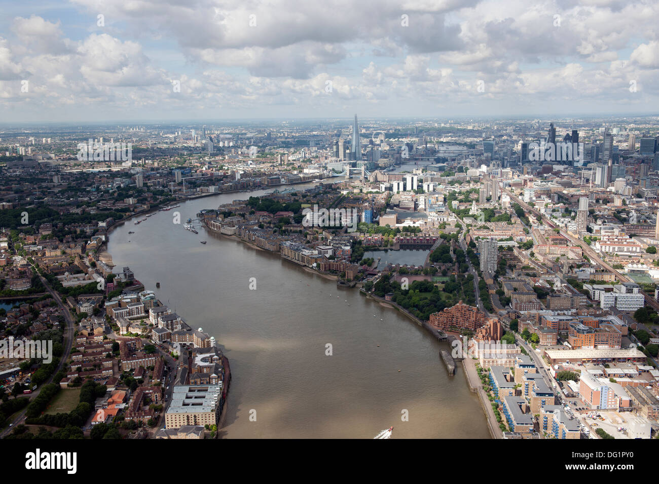 Wapping and the City of London from the air. Stock Photo