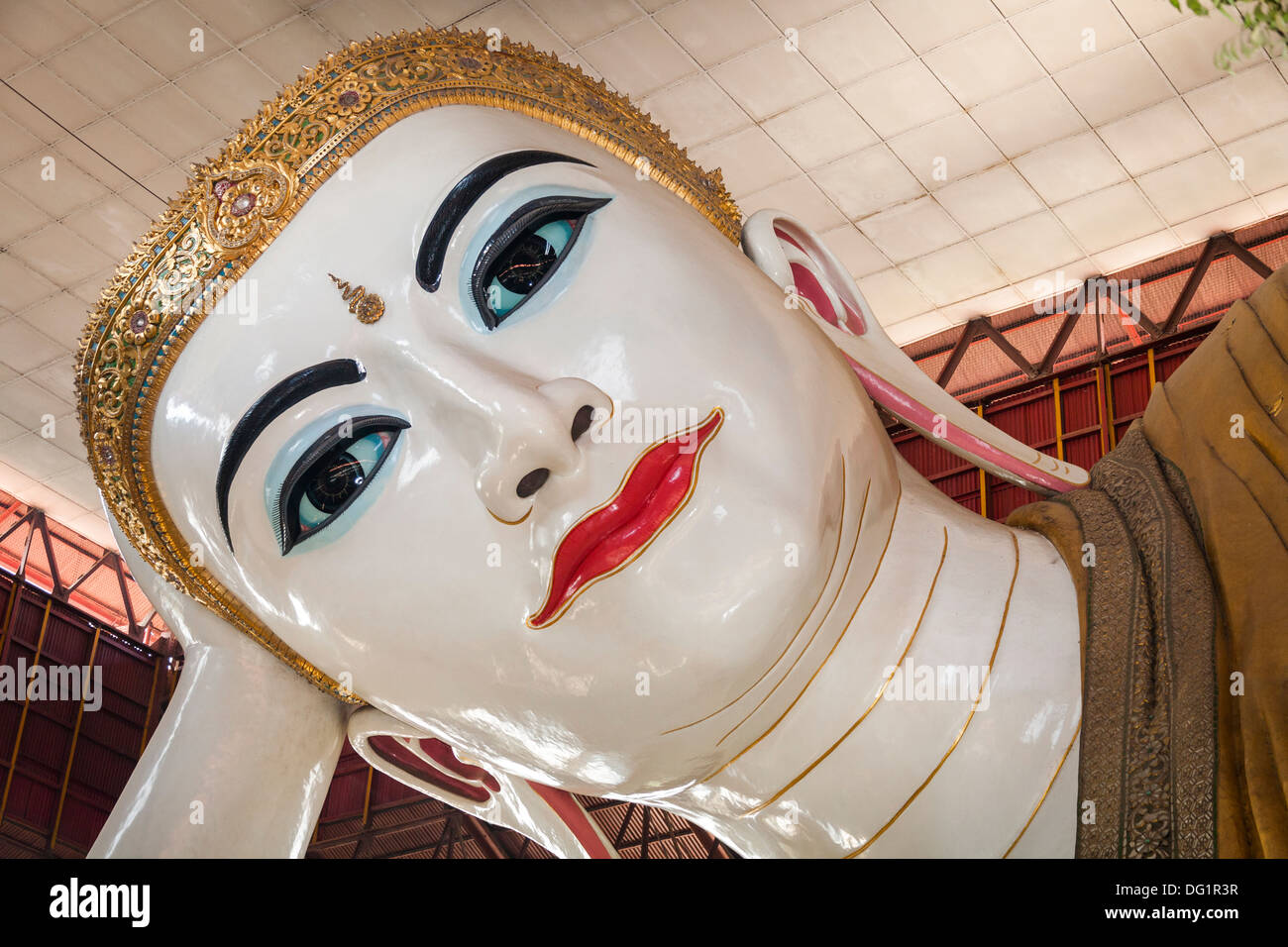Face of reclining Buddha, Chaukhtatgyi Pagoda, Yangon (Rangoon), Myanmar, (Burma) Stock Photo