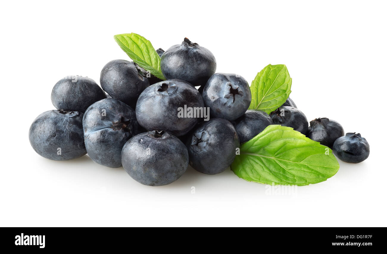 Sweet blueberry with green leaves isolated on white Stock Photo