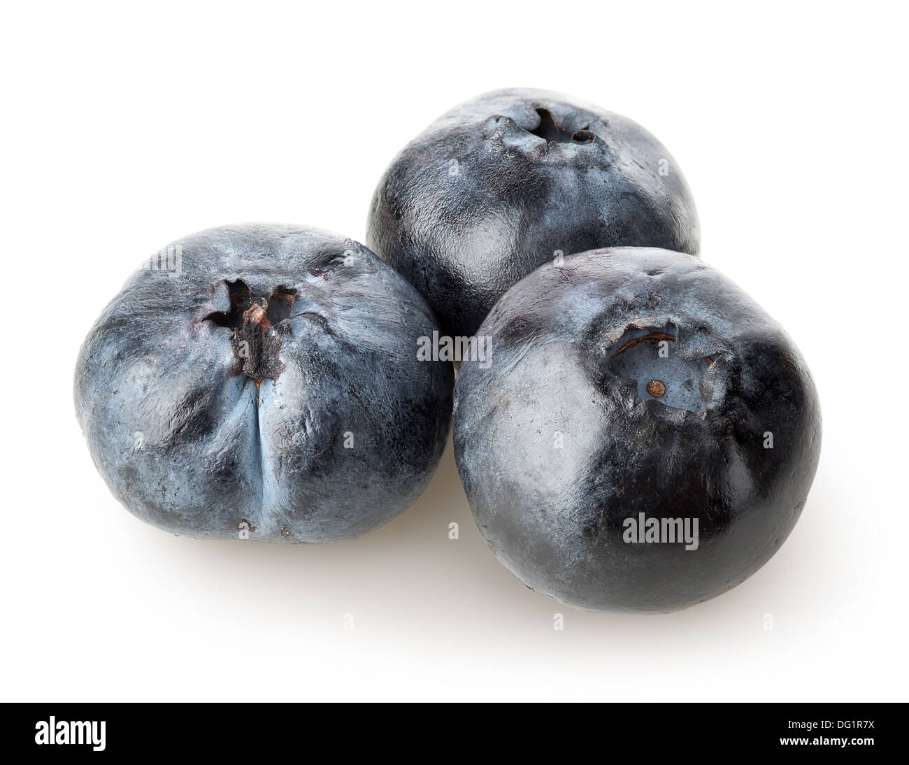 Three sweet blueberries isolated on a white background Stock Photo