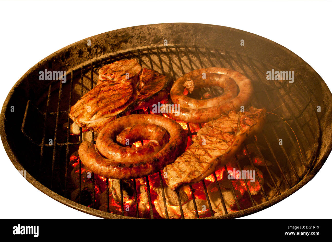 Traditional South African barbecue of sausage and steak Stock Photo