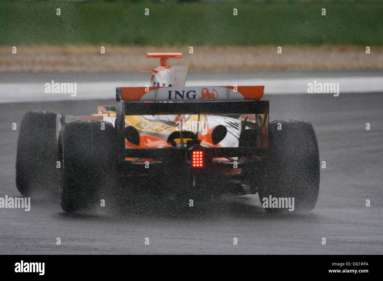 Renault car in rain during formula 1 testing on Hockenheimring in Germany on 8th July 2008 Stock Photo