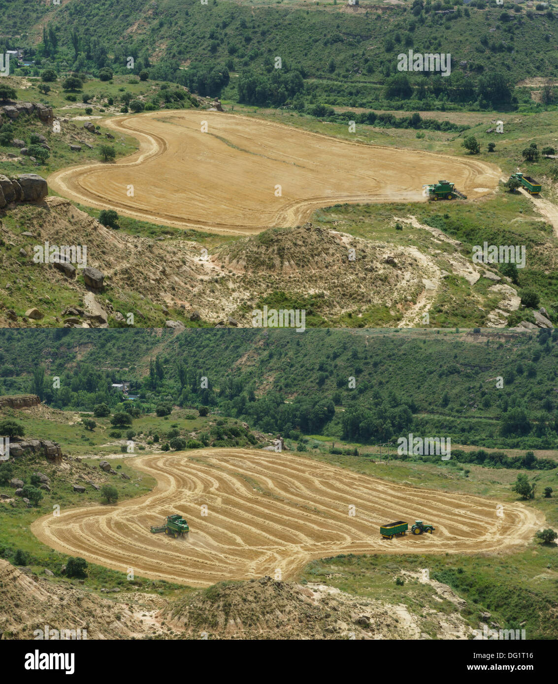 North-West Spain - harvest seen from the Castle of Montéaragon near Huesca - John Deere machinery in a small field Stock Photo