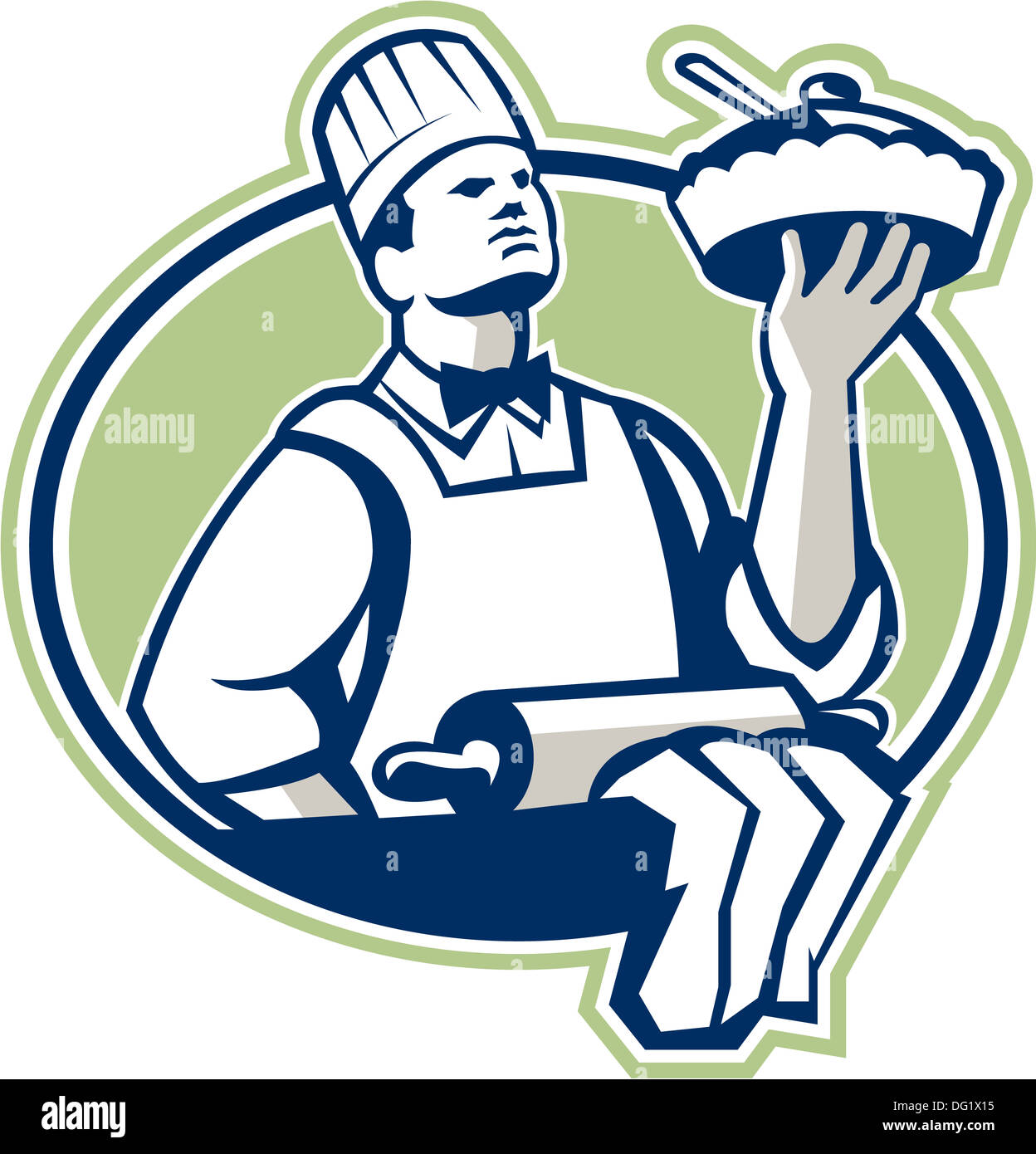 Illustration of a baker chef cook holding serving pie with roller in