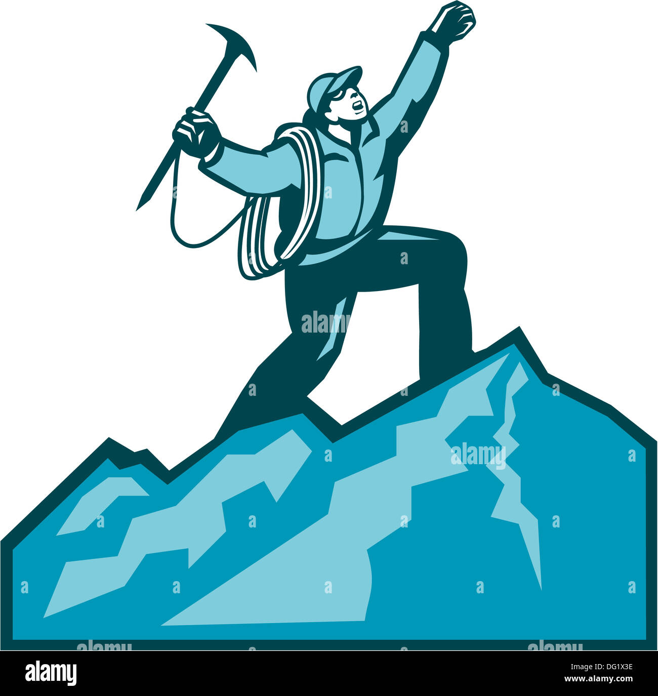 Illustration of mountain climber climbing reaching the summit