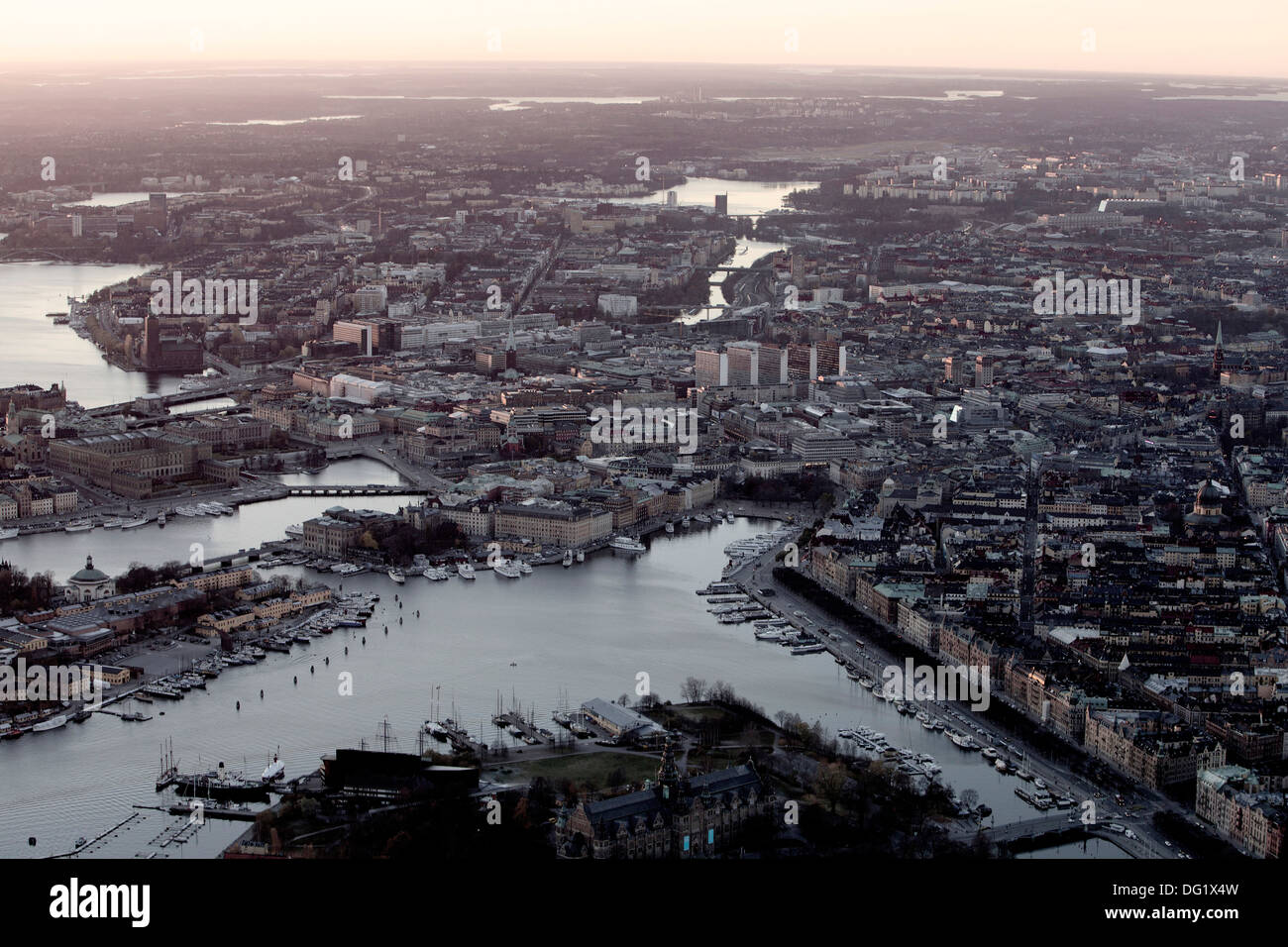 Cityscape at Dusk, High Angle View, Stockhom, Sweden Stock Photo