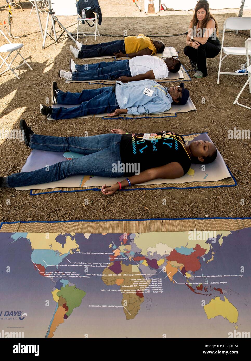 Los Angeles, CA, USA. 11th Oct, 2013. Relaxation breathing and yoga is