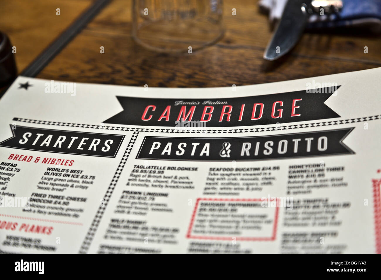 Jamie Oliver Jamie's Italian restaurant menu, Cambridge, England Stock