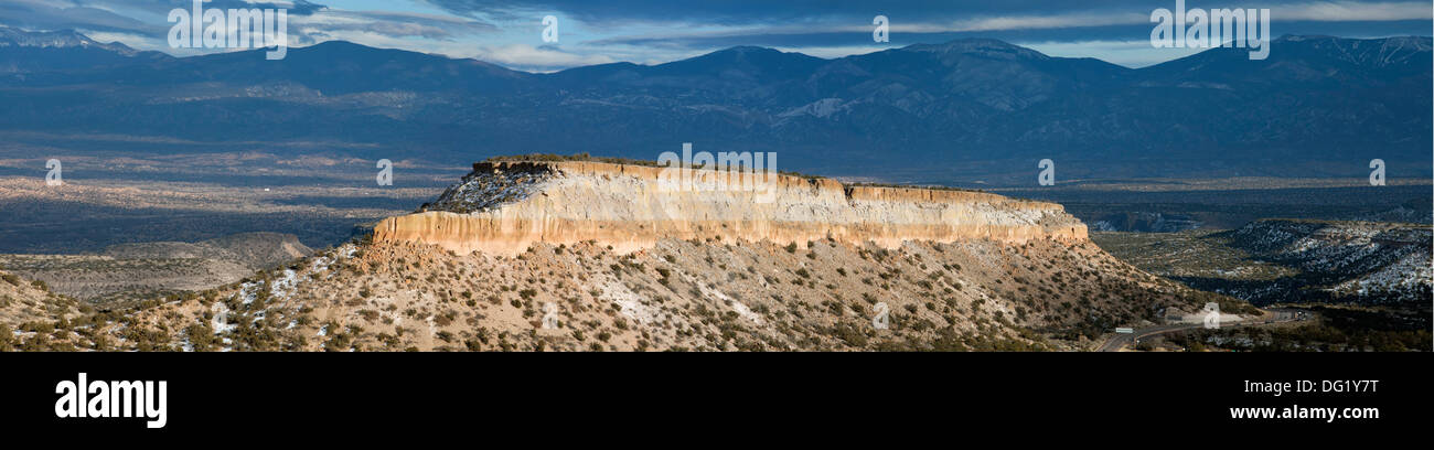 Looking across mesas and canyons intp the Rio Grande valley from the road to Los Alamos, New Mexico. Stock Photo