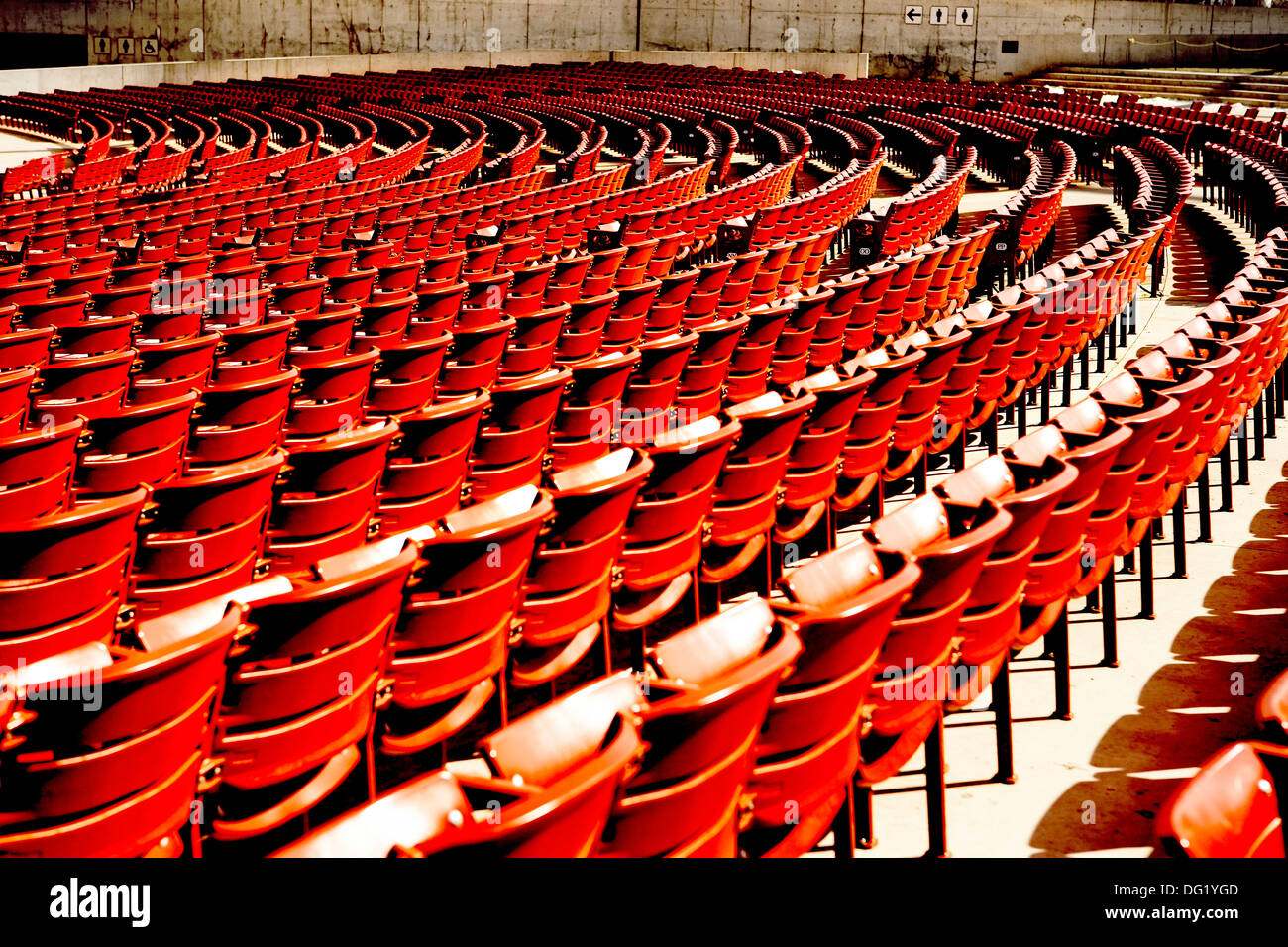 Red Outdoor Theater Seating, Jay Pritzker Pavilion, Millennium Park, Chicago, Illinois, USA Stock Photo