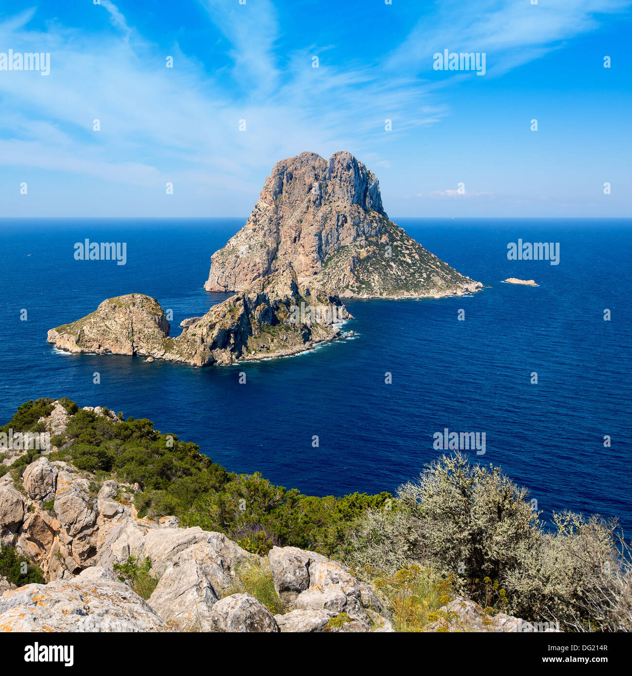 Ibiza Es Vedra and Vedranell from Torre des Savinar Sant Josep in Balearic Islands Stock Photo