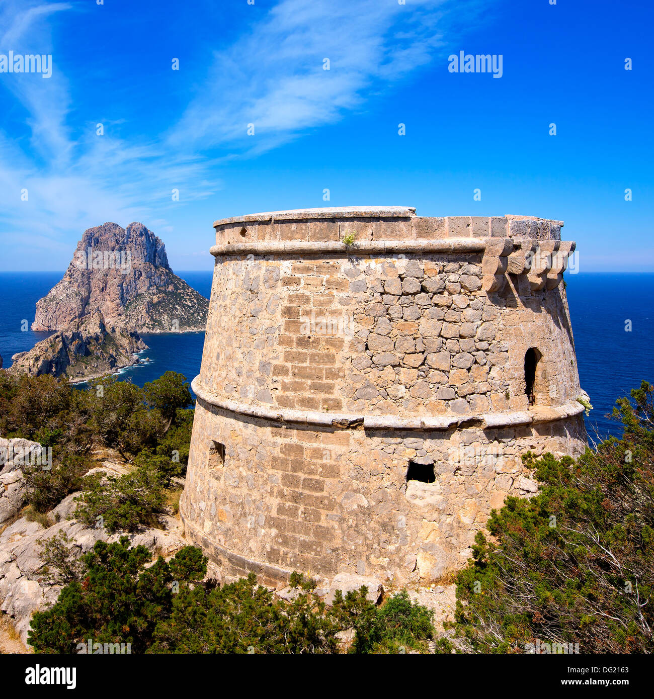 Ibiza Es Vedra view from Torre des Savinar Tower San Jose in Balearic Islands Stock Photo