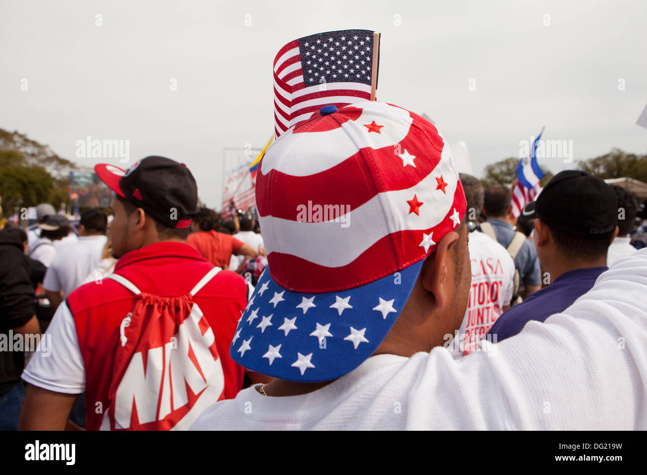 Man wearing American flag design baseball cap at Immigration Reform rally - Washington, DC USA Stock Photo