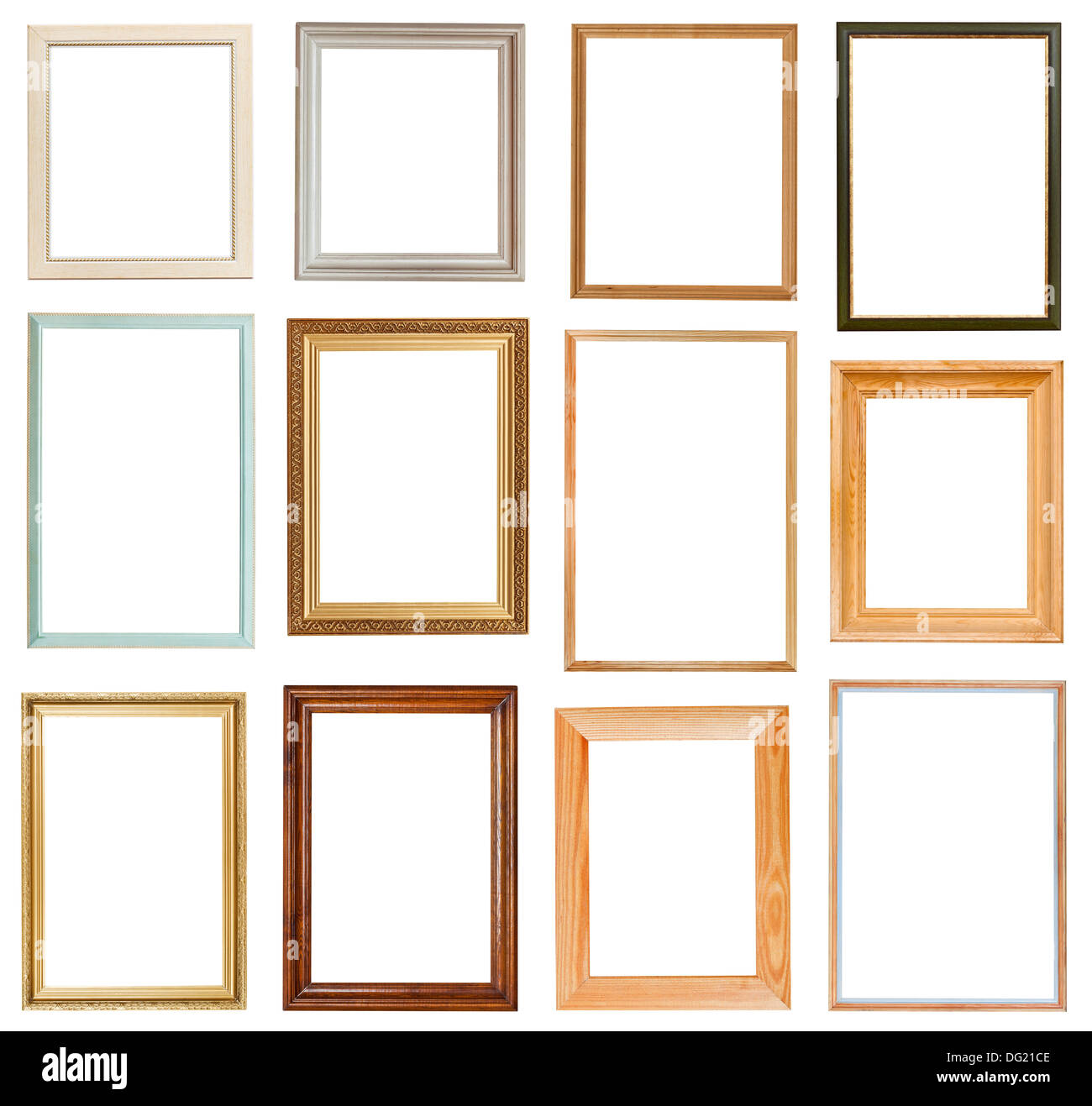 set of vertical picture frames with cutout canvas isolated on white