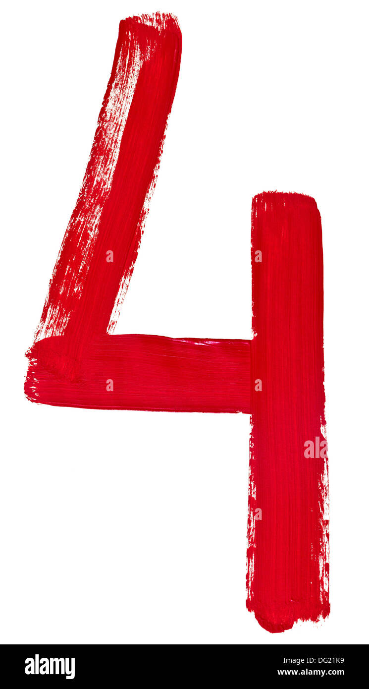 Arabic numeral 4 hand written by red brush on white background Stock Photo