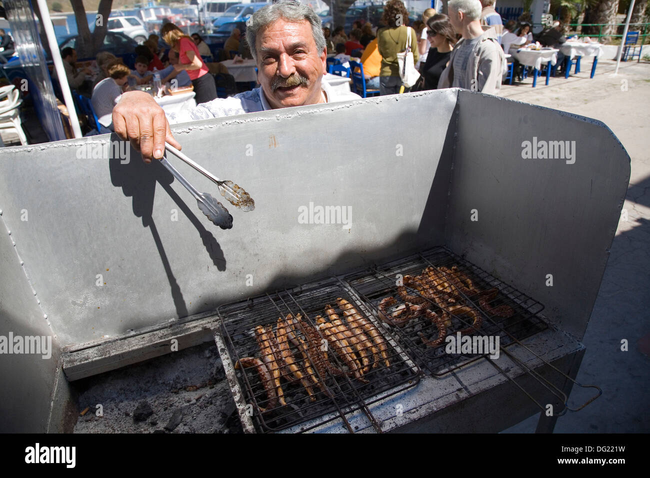 europe, greece, dodecanese, patmos island, ostria restaurant, grilled octopus Stock Photo