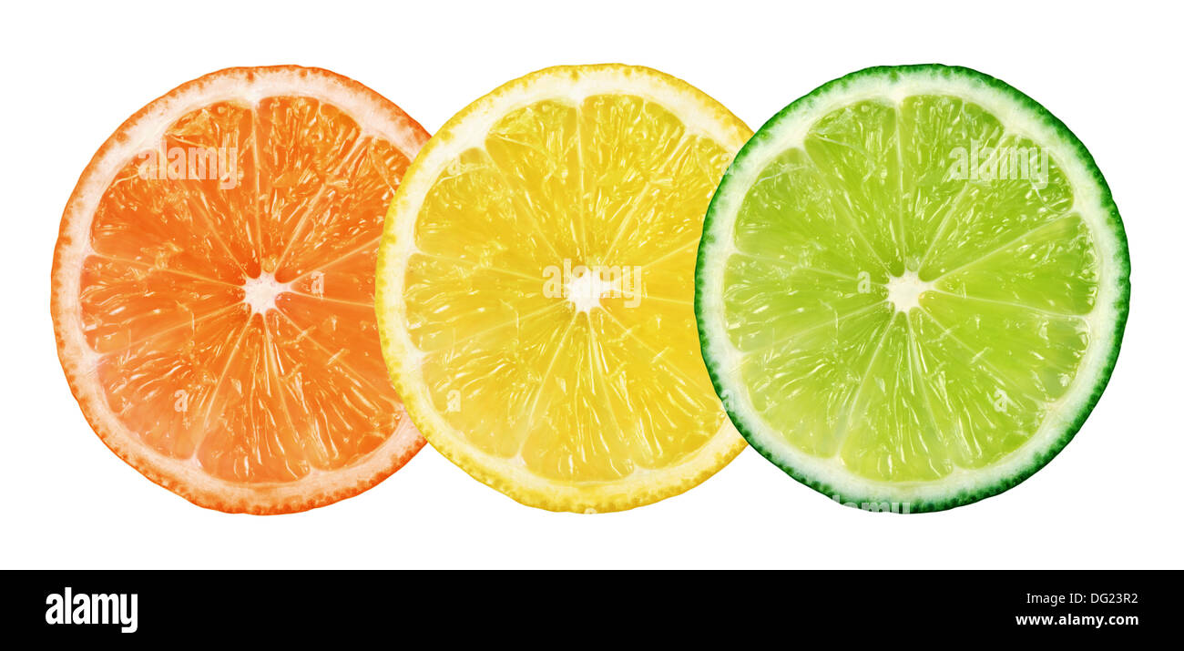 Slices of fresh citrus fruits isolated on white background Stock Photo