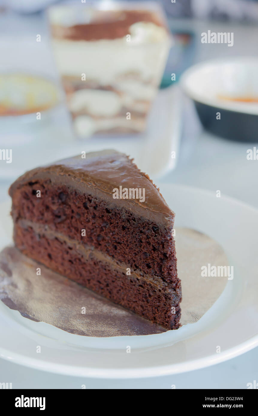 Slice of chocolate fudge cake on white dish Stock Photo