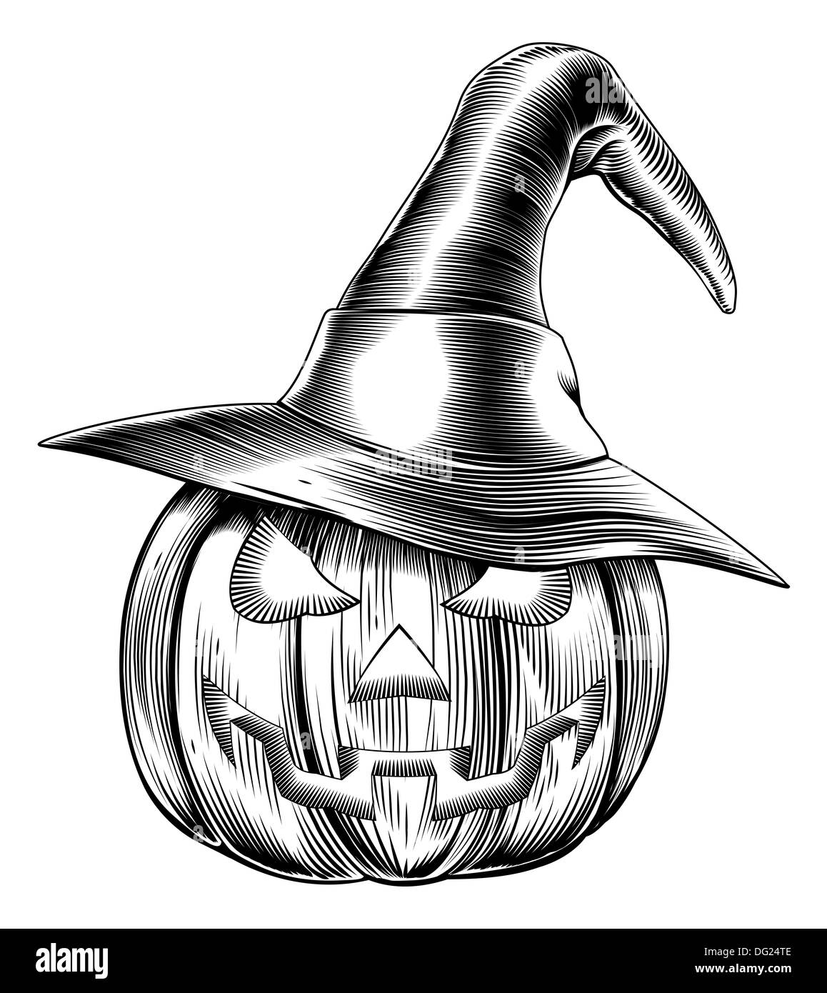 An illustration of a Halloween pumpkin wearing a witch hat in a retro ...
