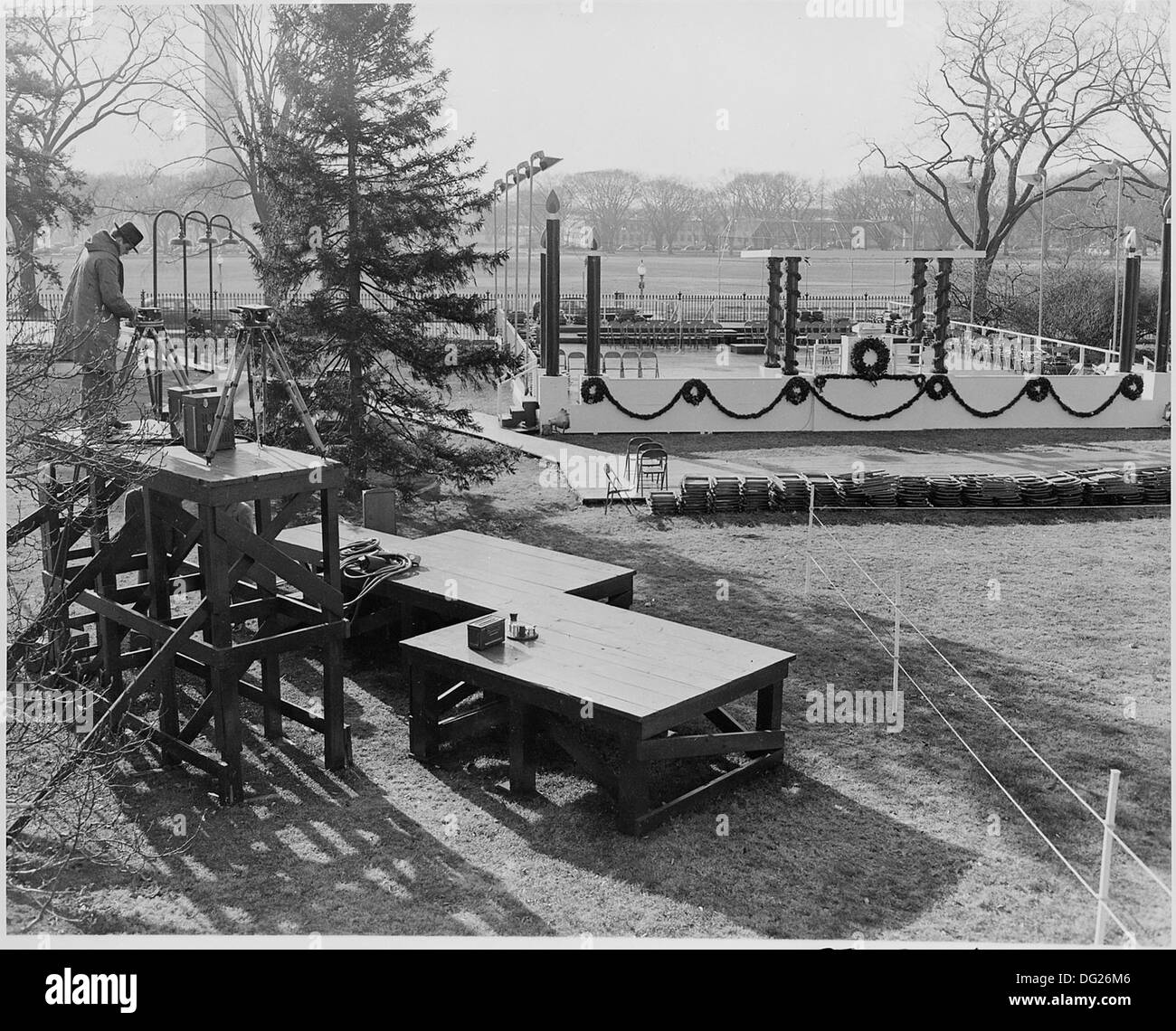 The image shows the empty stands at the White House before the ceremonial lighting of the Christmas tree. This annual tradition marks the start of the holiday season at the White House and attracts large crowds for the event. Stock Photo