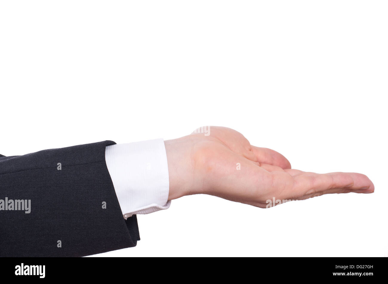 An arm with suit and shirt with open hand Stock Photo