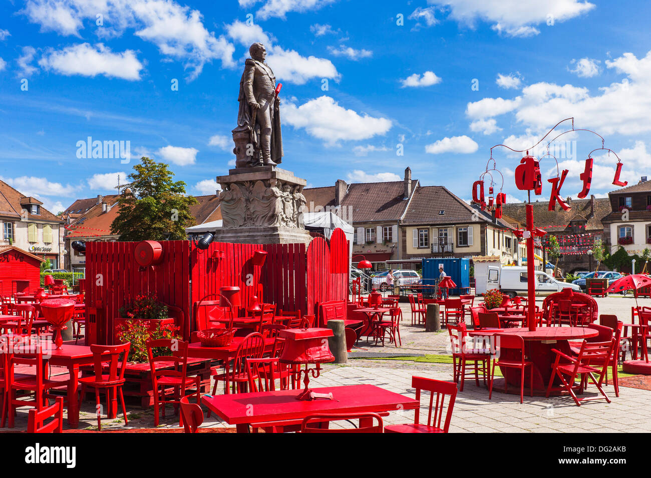Theatre Festival decoration with Marshal Georges Mouton statue Place d'Armes square Phalsbourg Alsace France Europe Stock Photo
