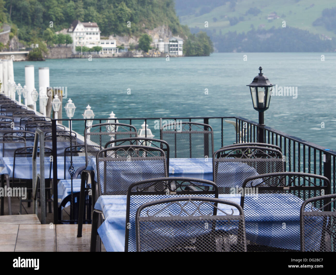 Lake Lucerne Switzerland, lakeside view restaurant tables in hotel Schwert  Gersau Stock Photo - Alamy
