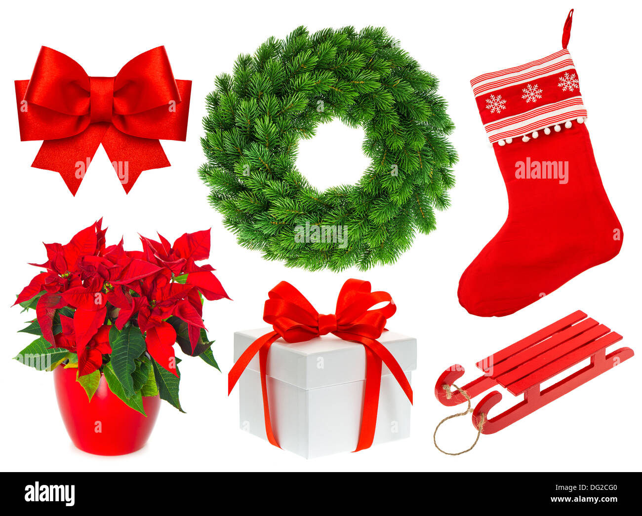 Christmas collection isolated on white background. Set with stocking, gifts, wreath, ribbon bow Stock Photo