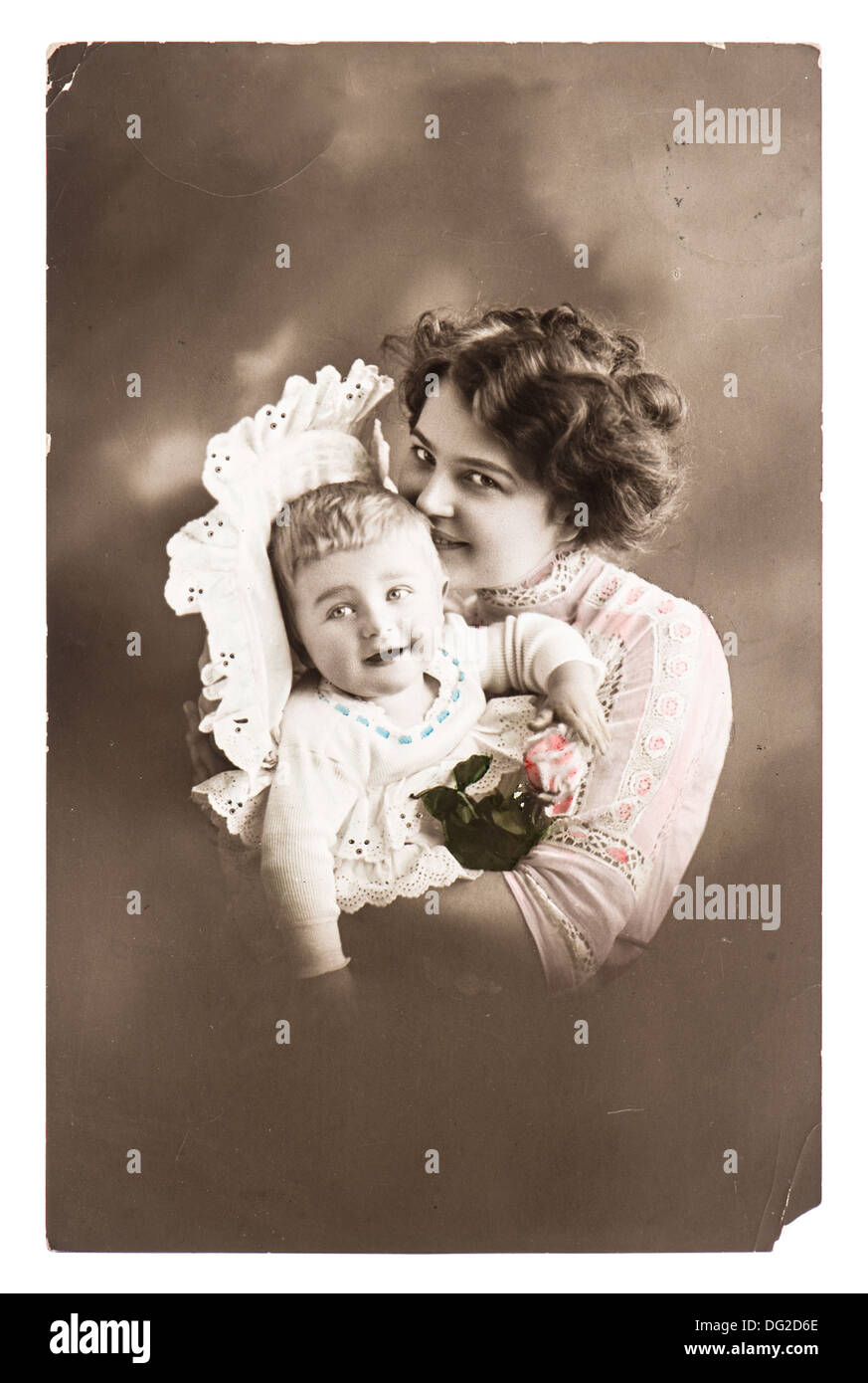 antique portrait of lucky mother with her cute baby Stock Photo