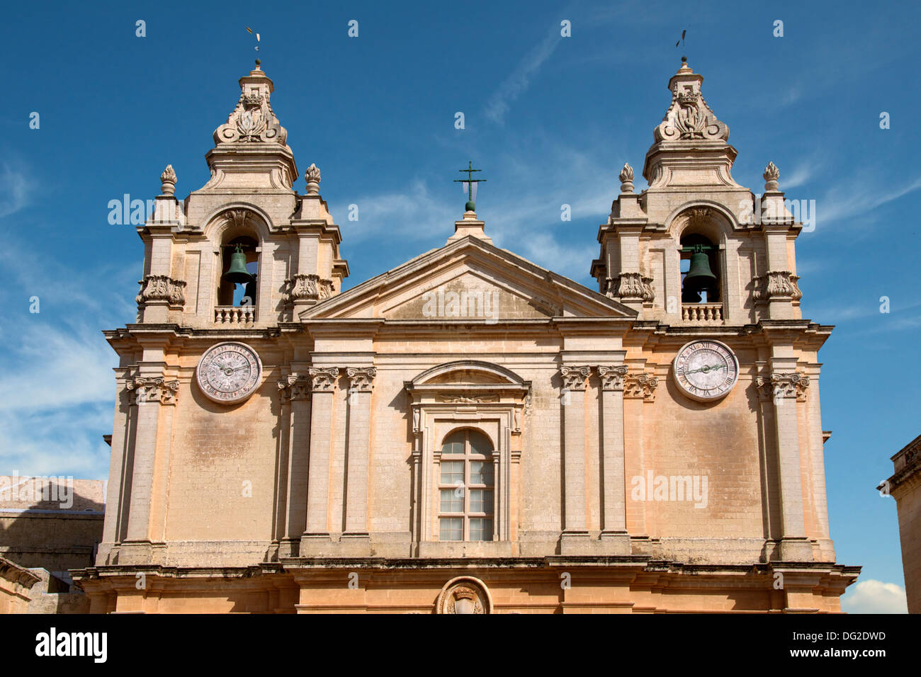 Upper facade St Paul's Cathedral Mdina Malta Stock Photo