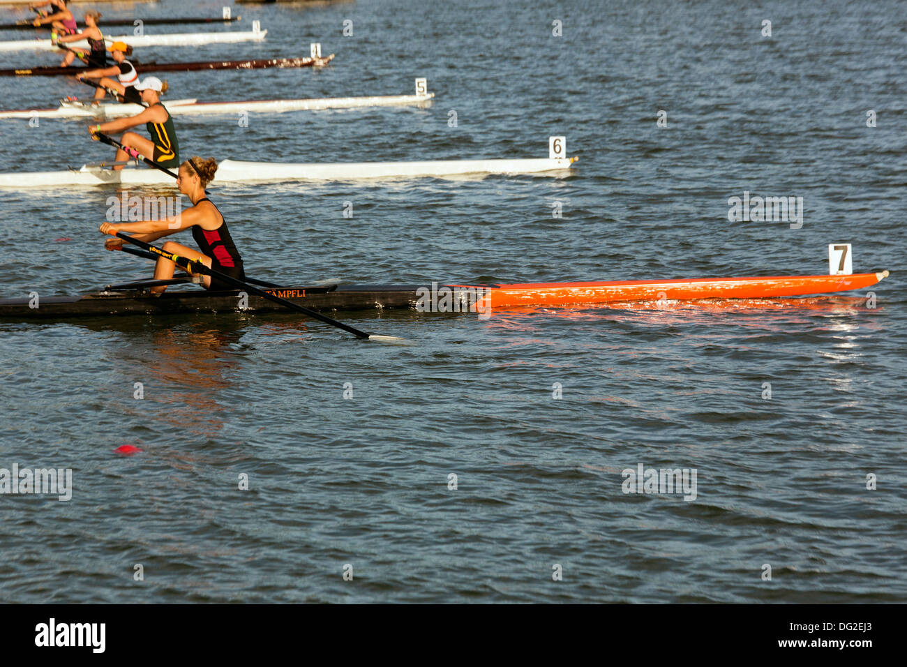 single women's rowing regatta start of the race Stock Photo