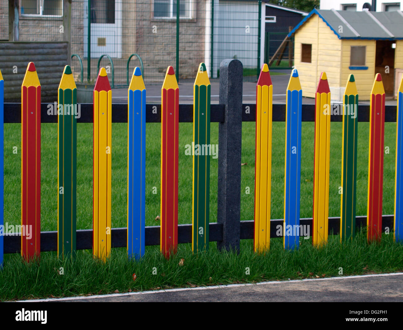 Pencil fence at a junior school, Bude, Cornwall, UK Stock Photo
