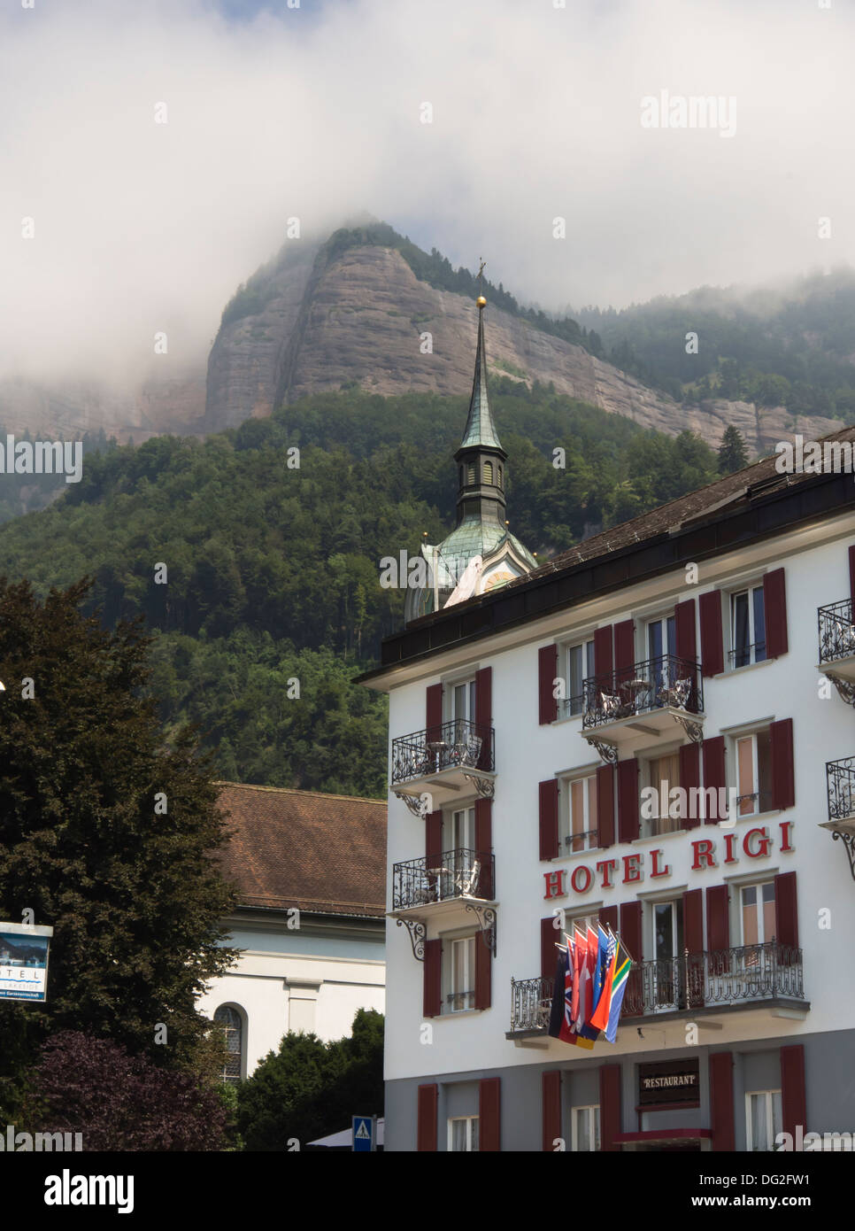 Hotel Rigi in Vitznau by Lake Lucerne, idyllic holiday resort and natural paradise in Switzerland Stock Photo