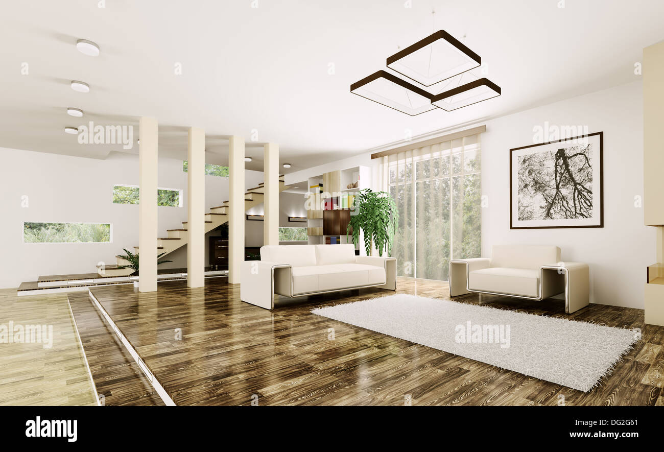 Interior of modern living room with staircase 3d render Stock Photo - Alamy